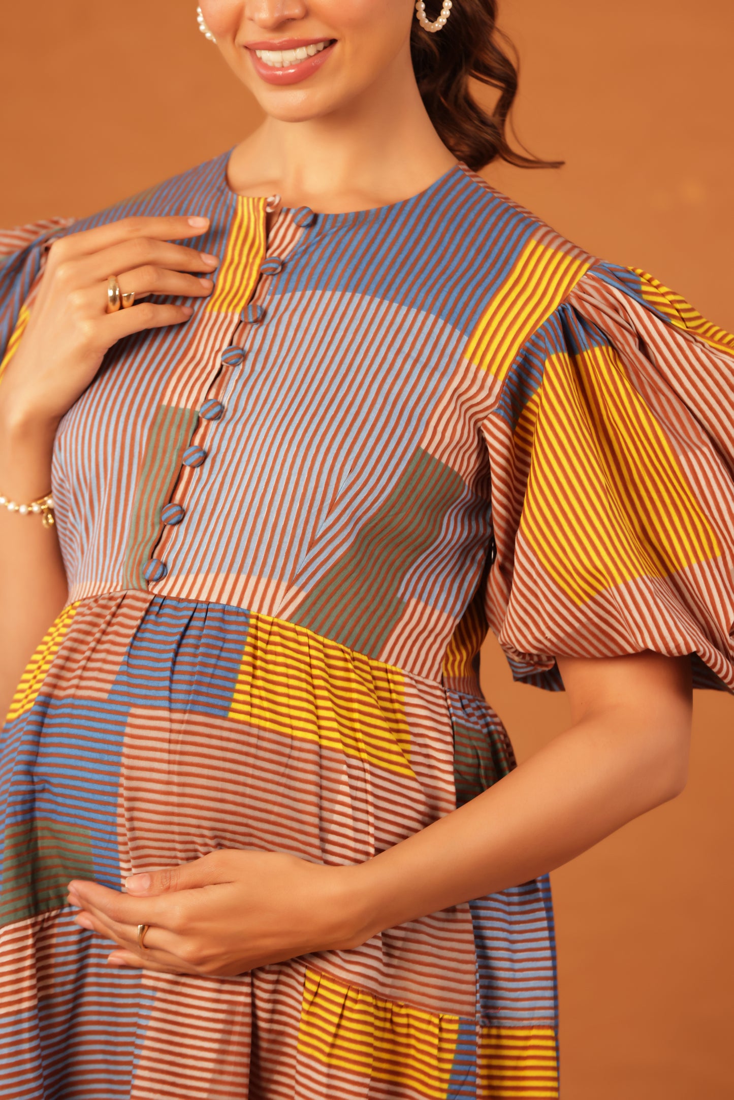 Colorblock Stripes  Cotton Tier  Maternity & Nursing Dress