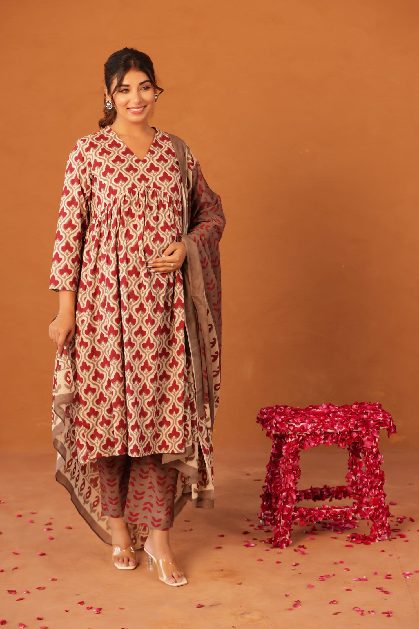 Muted Maroon Bloom Maternity & Nursing Kurta Pant Set with Dupatta