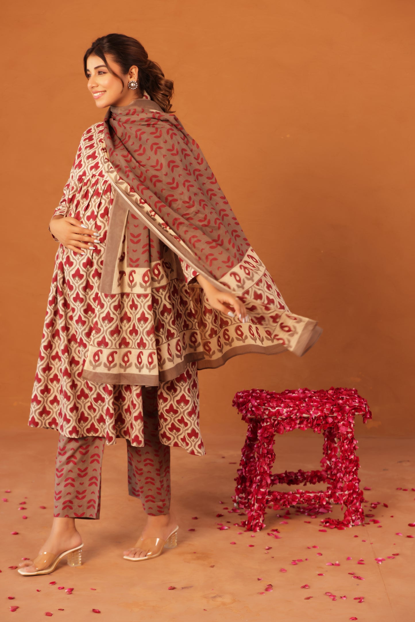 Muted Maroon Bloom Maternity & Nursing Kurta Pant Set with Dupatta