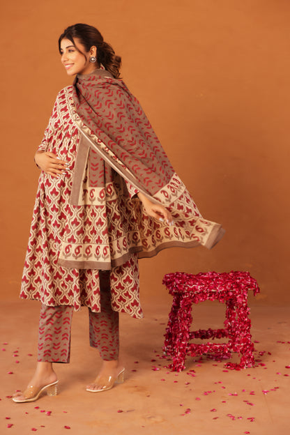 Muted Maroon Bloom Maternity & Nursing Kurta Pant Set with Dupatta