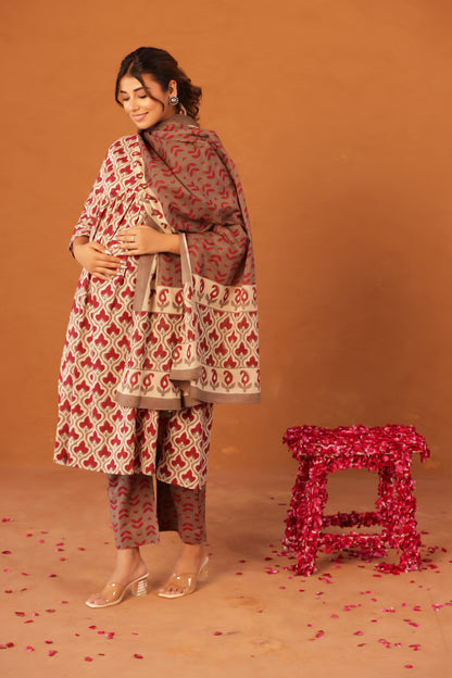 Muted Maroon Bloom Maternity & Nursing Kurta Pant Set with Dupatta
