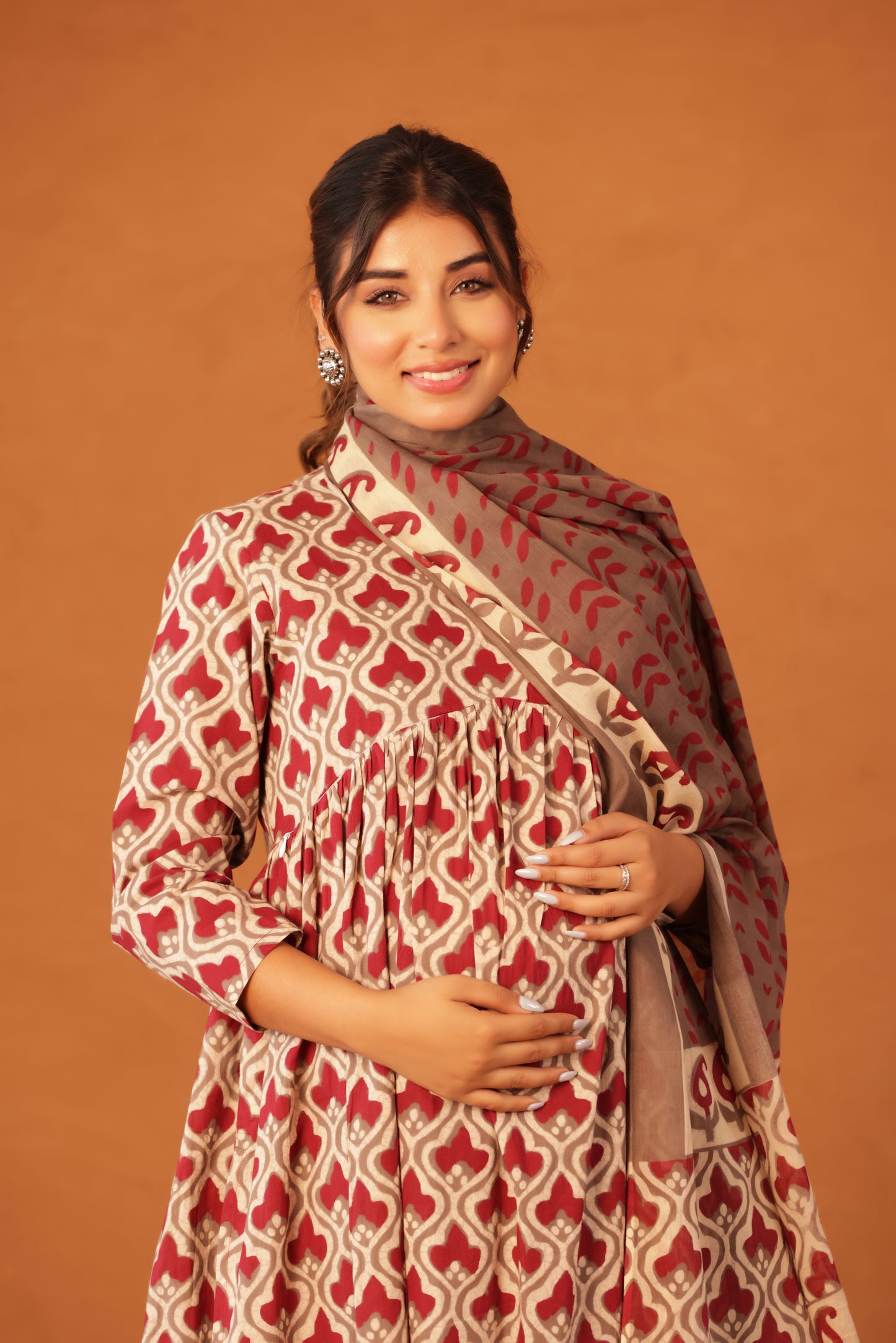 Muted Maroon Bloom Maternity & Nursing Kurta Pant Set with Dupatta