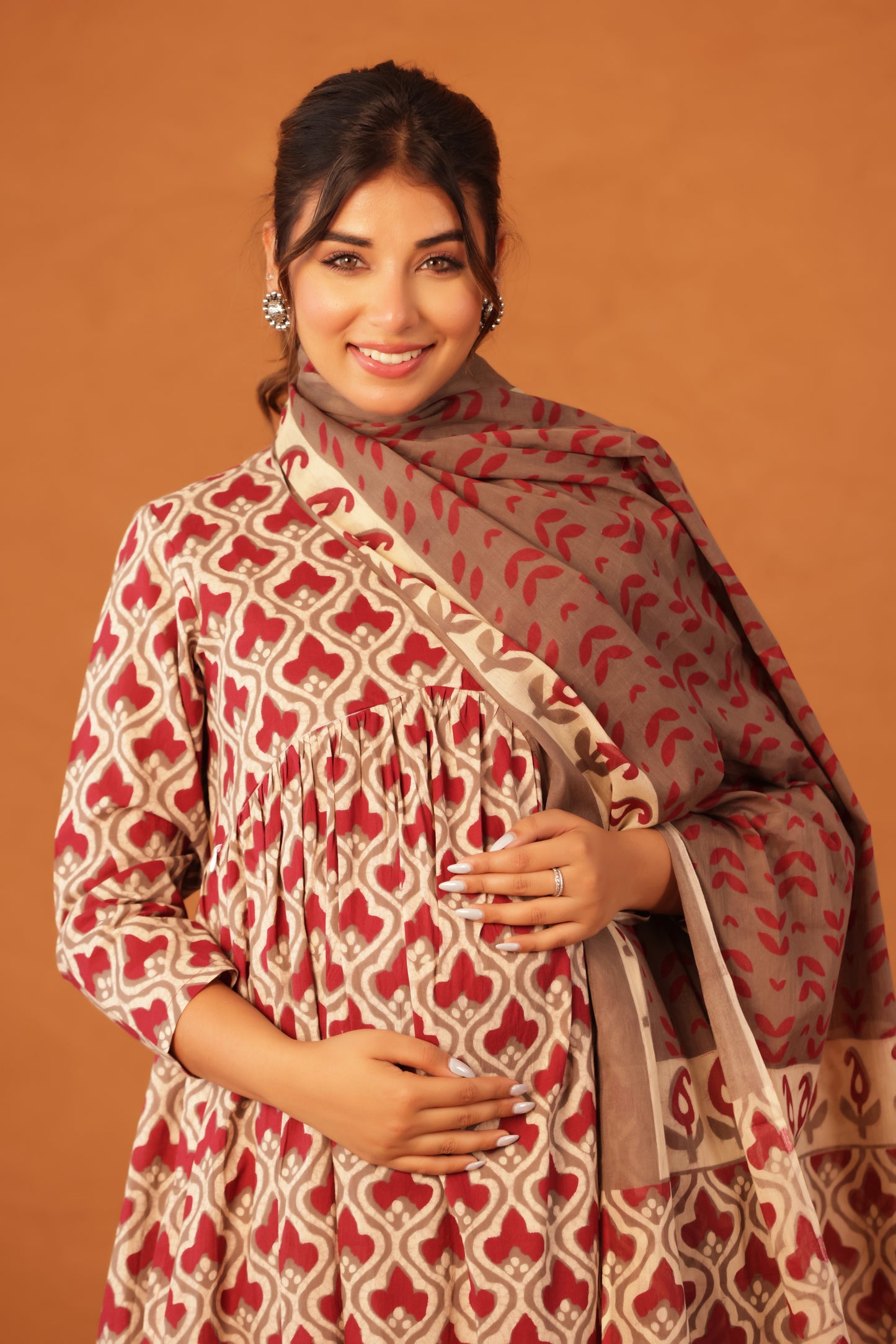 Muted Maroon Bloom Maternity & Nursing Kurta Pant Set with Dupatta