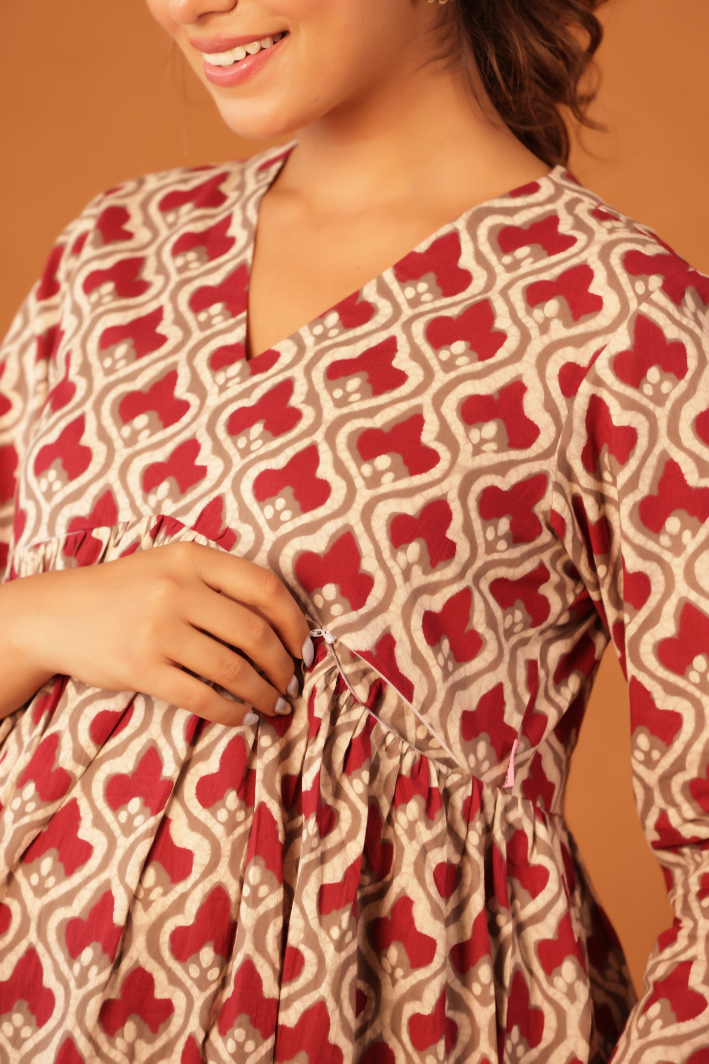 Muted Maroon Bloom Maternity & Nursing Kurta Pant Set with Dupatta