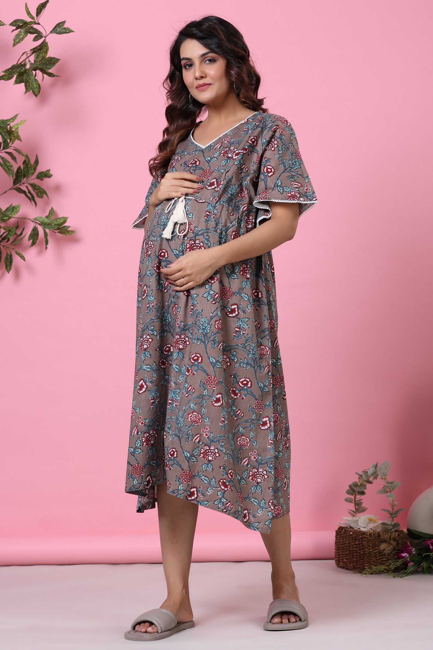 Rustic Grey Maternity & Nursing Kaftan Dress