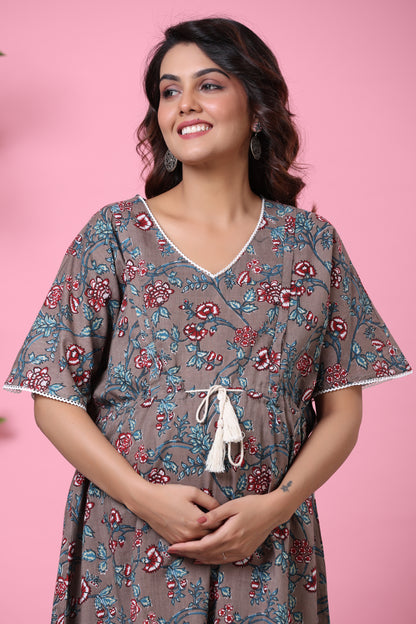 Rustic Grey Maternity & Nursing Kaftan Dress