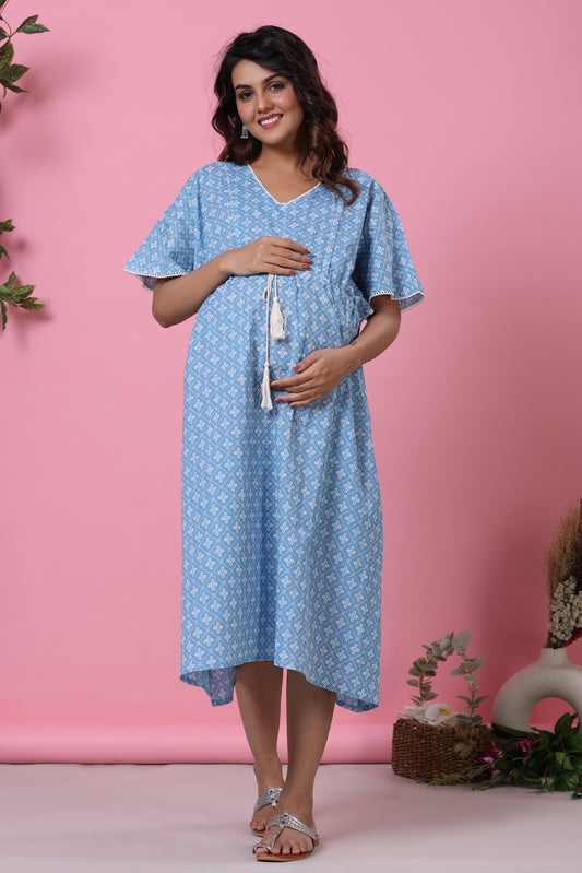 Patterned Bandhej Blue Maternity & Nursing Kaftan Dress