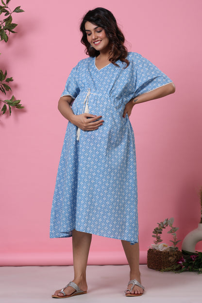 Patterned Bandhej Blue Maternity & Nursing Kaftan Dress