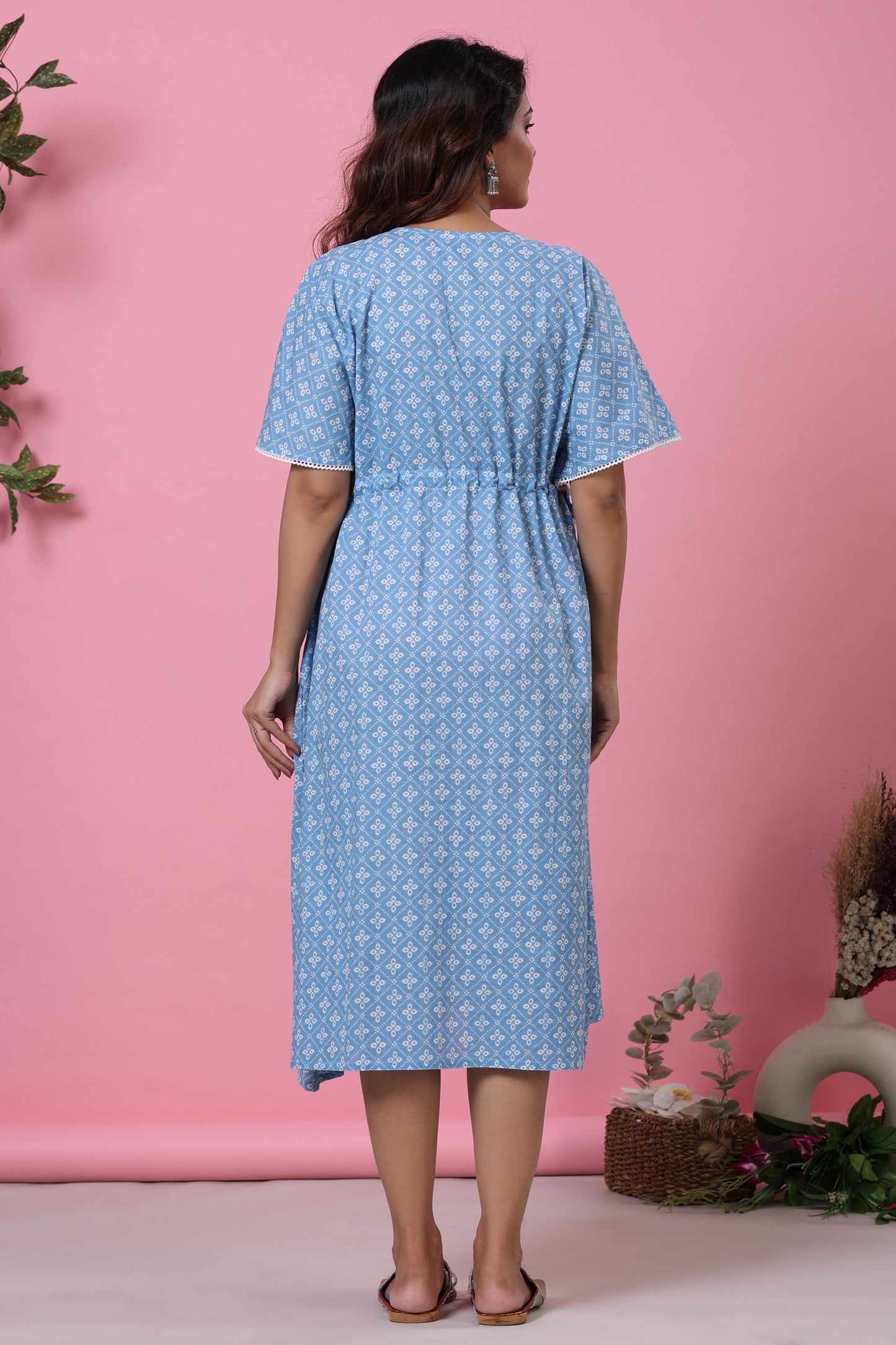 Patterned Bandhej Blue Maternity & Nursing Kaftan Dress