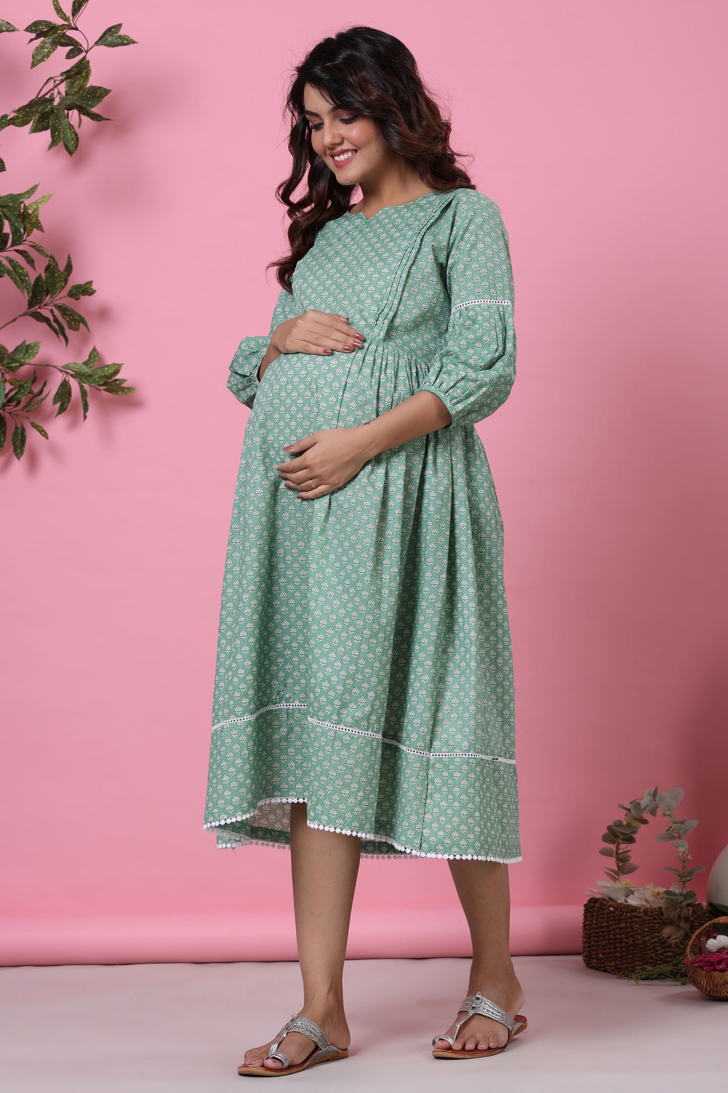 Minimalist Motif On Green Maternity & Nursing Dress