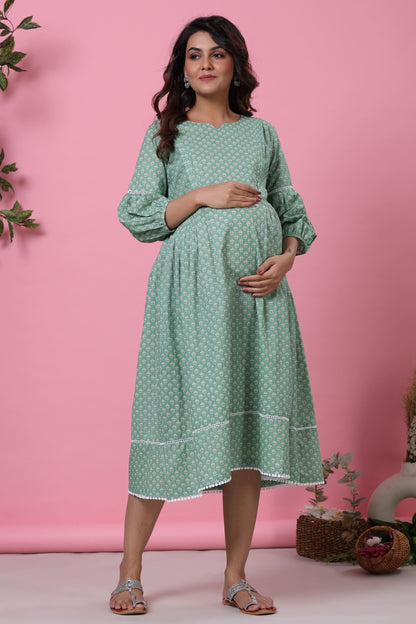 Minimalist Motif On Green Maternity & Nursing Dress