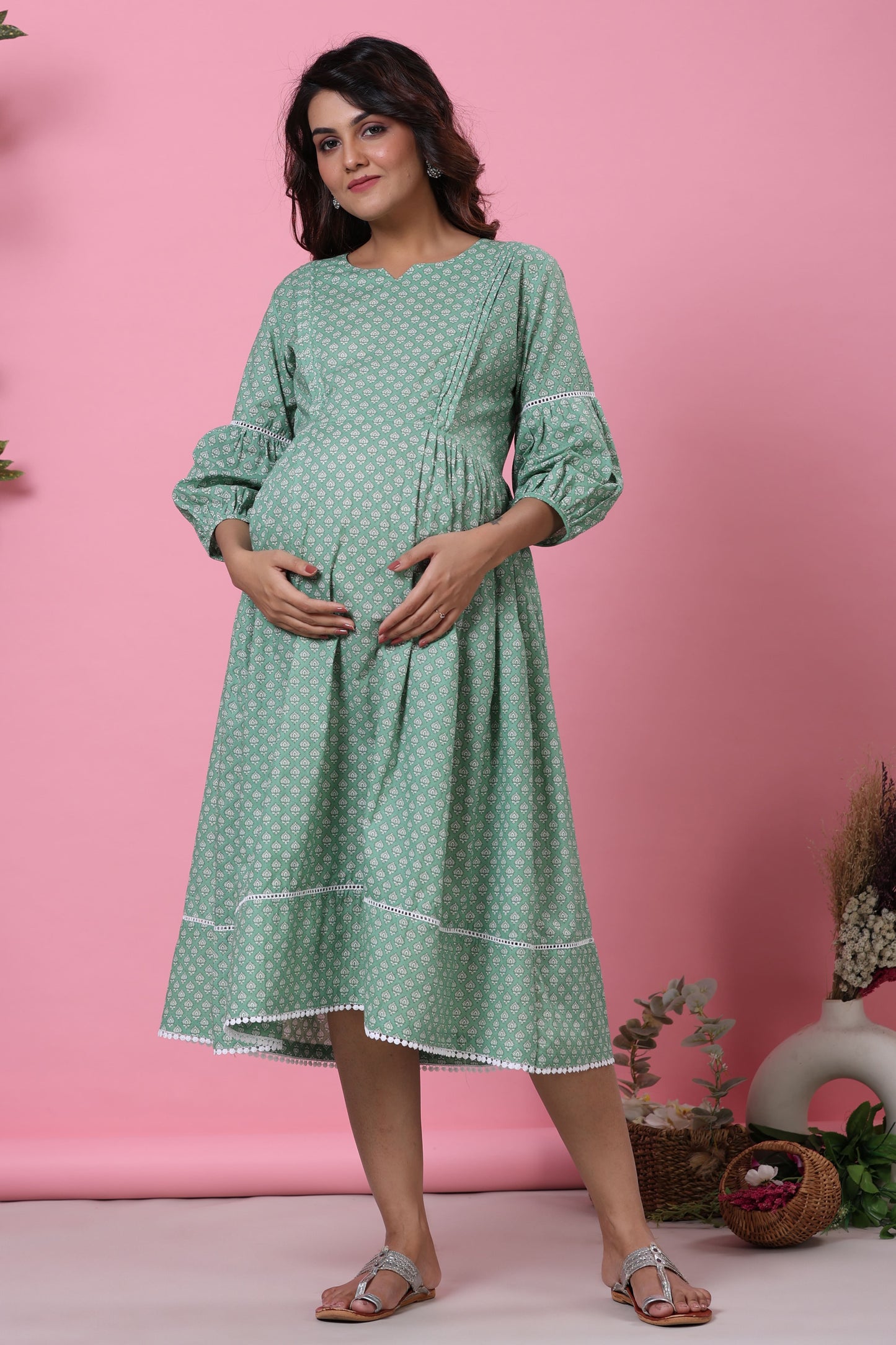 Minimalist Motif On Green Maternity & Nursing Dress