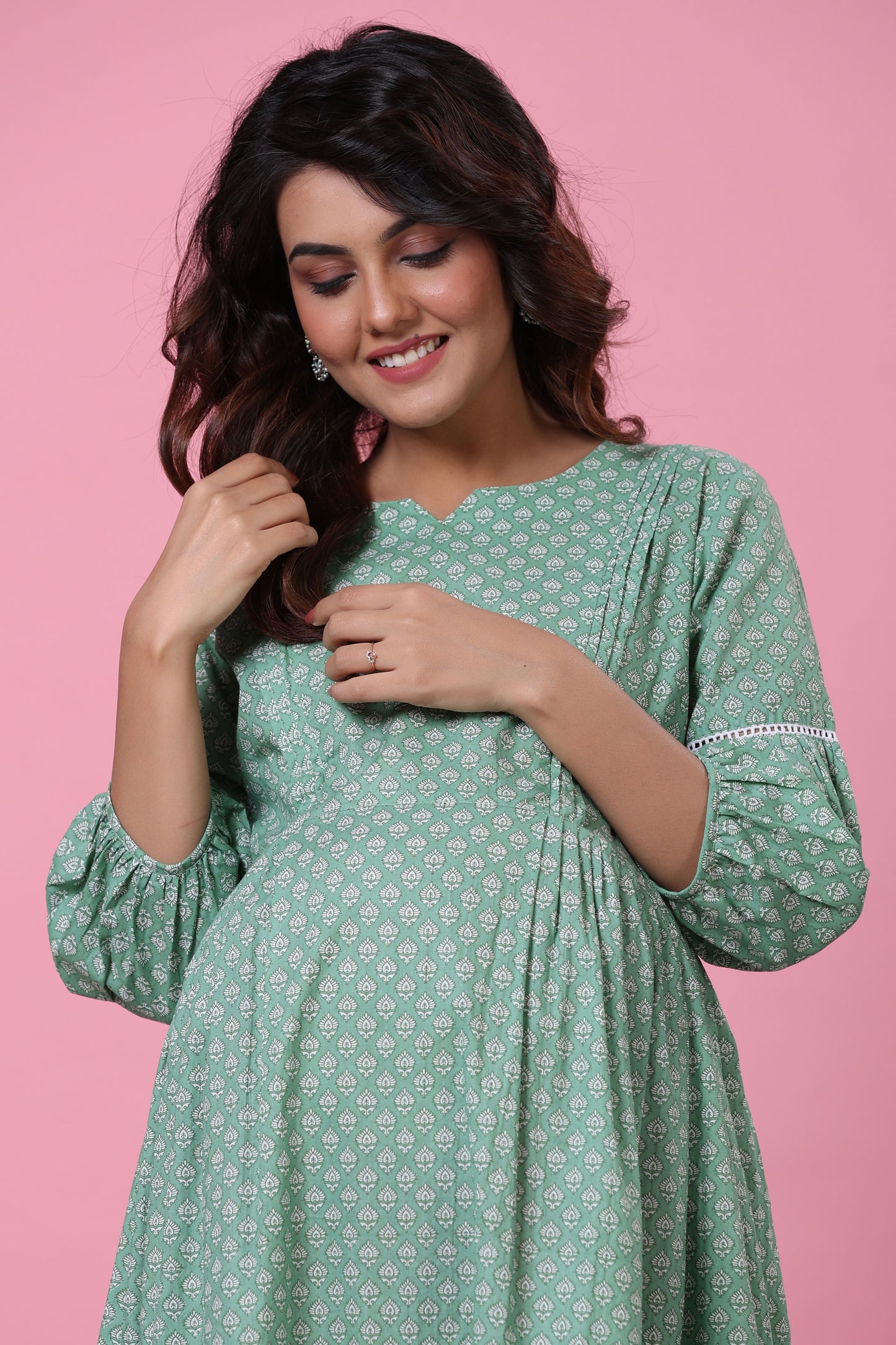 Minimalist Motif On Green Maternity & Nursing Dress