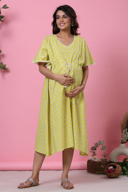 Mushrooms On Yellow Maternity & Nursing Kaftan Dress