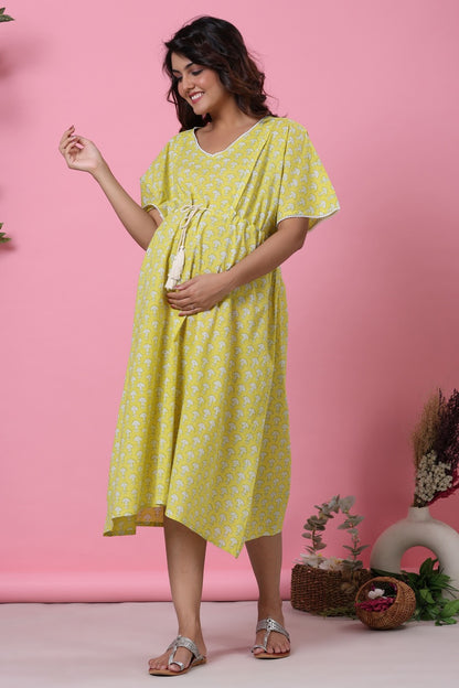 Mushrooms On Yellow Maternity & Nursing Kaftan Dress