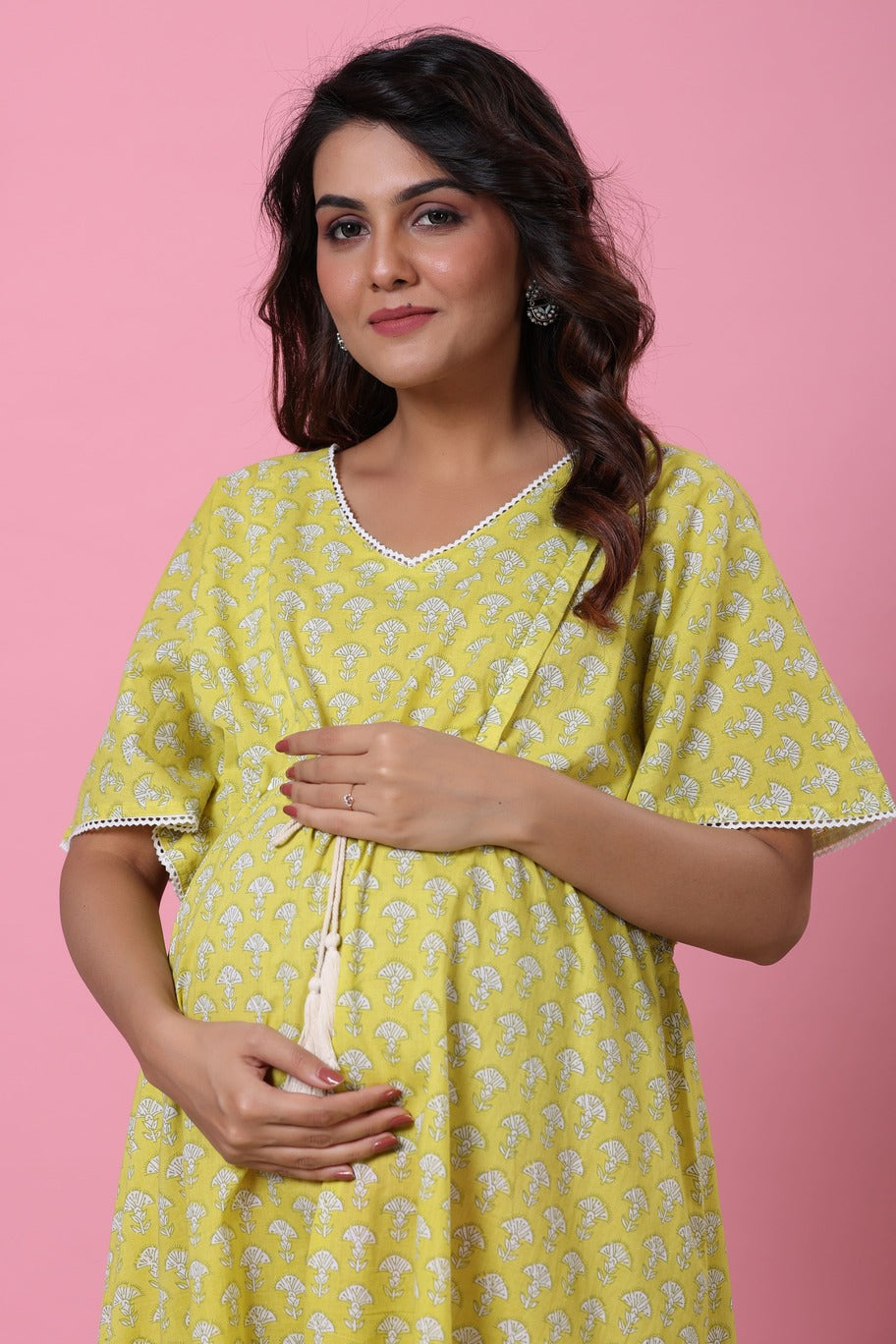 Mushrooms On Yellow Maternity & Nursing Kaftan Dress