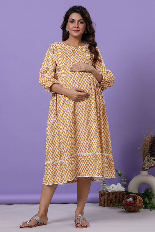 Minimalist Motif On Yellow Maternity & Nursing Dress