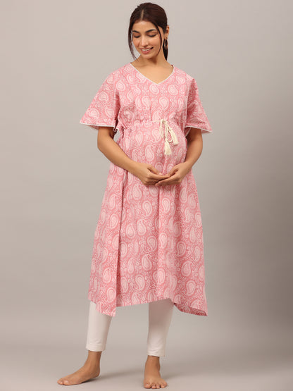 Paisley Finesse Pink Maternity & Nursing Kaftan Kurta