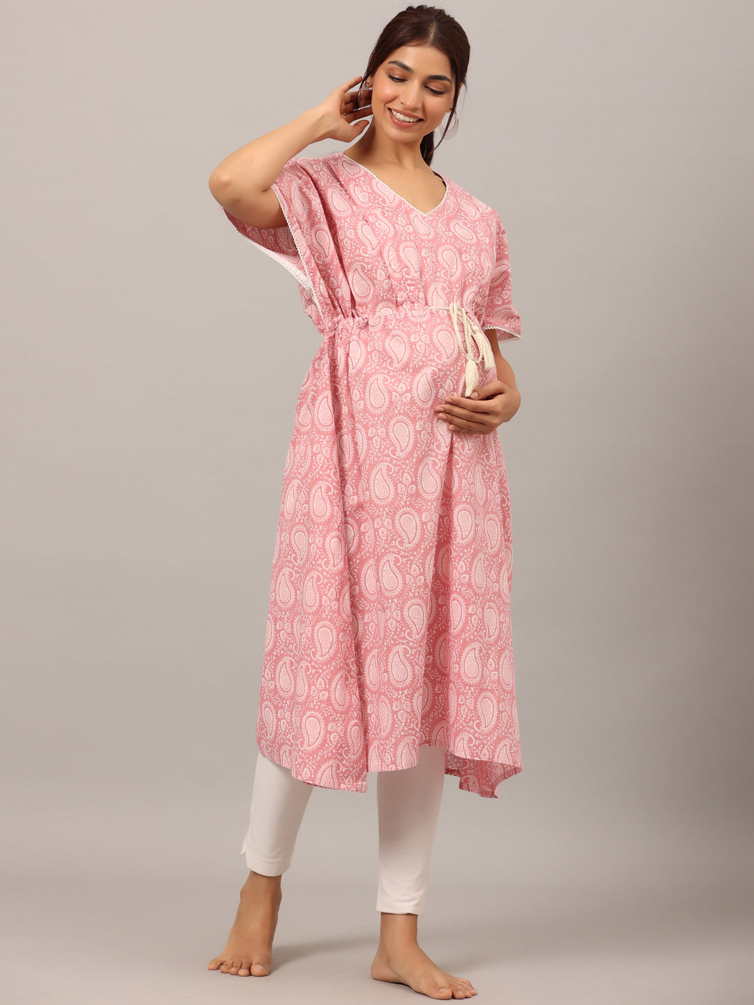 Paisley Finesse Pink Maternity & Nursing Kaftan Kurta