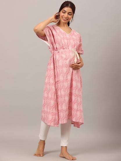 Paisley Finesse Pink Maternity & Nursing Kaftan Kurta