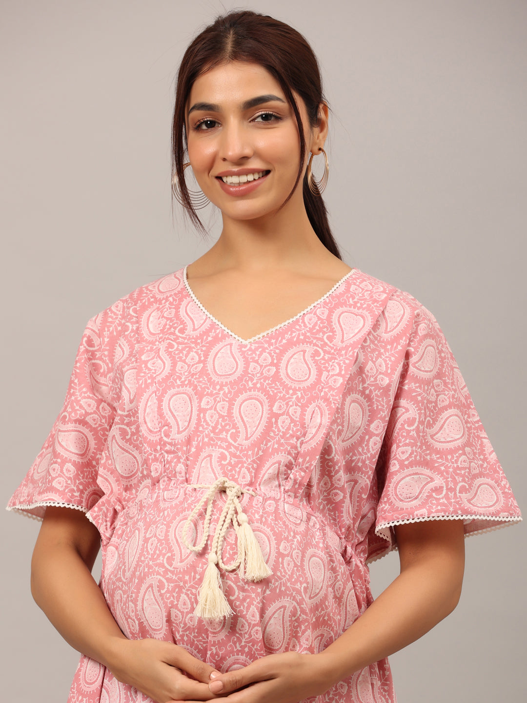Paisley Finesse Pink Maternity & Nursing Kaftan Kurta