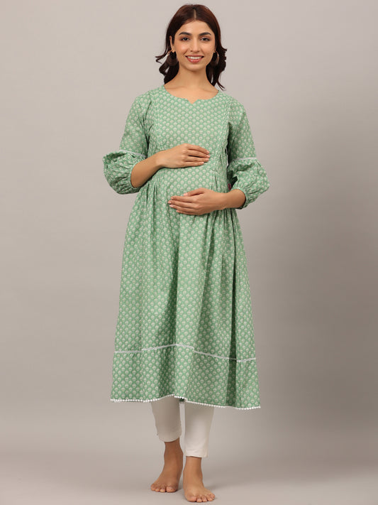 Minimalist Motif On Green Maternity & Nursing Kurta