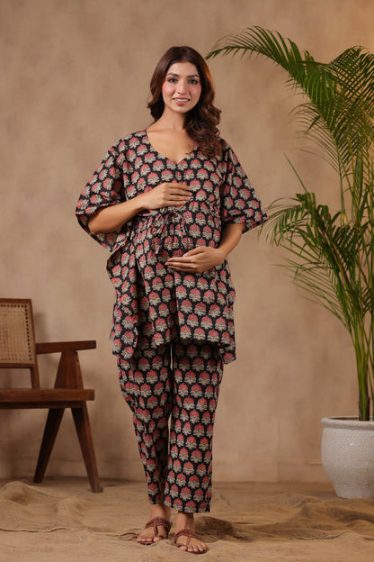 Midnight Blossom Maternity & Nursing Kaftan Set