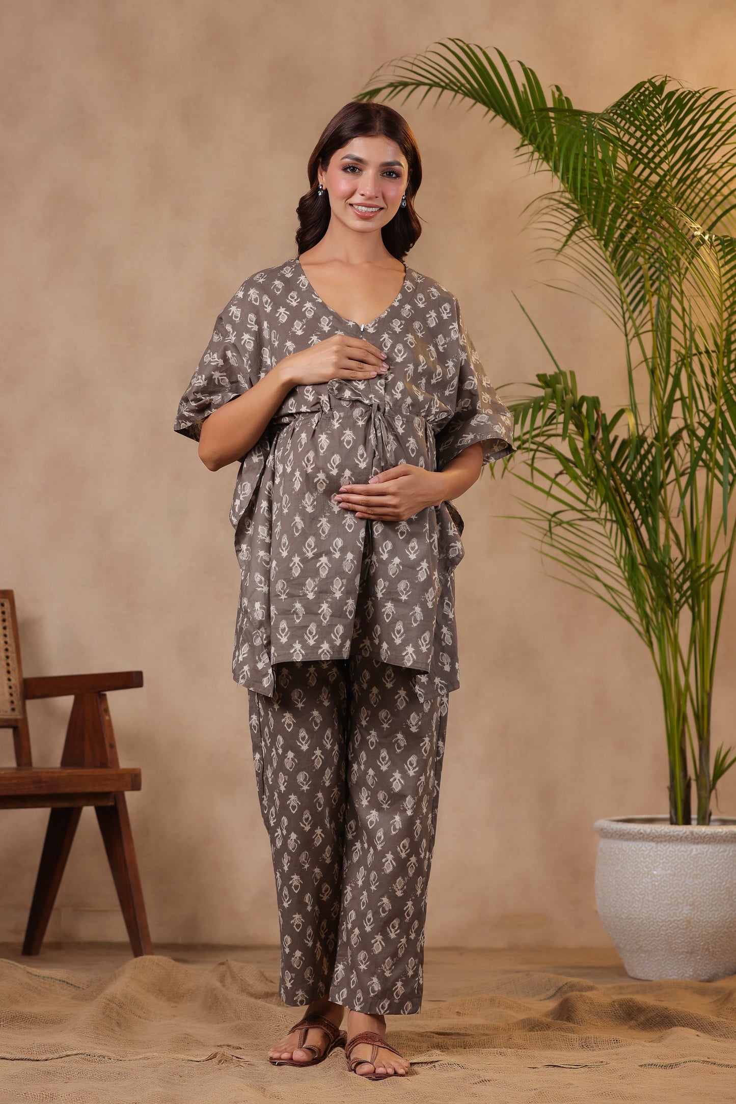 Grey Batik Maternity & Nursing Kaftan Set