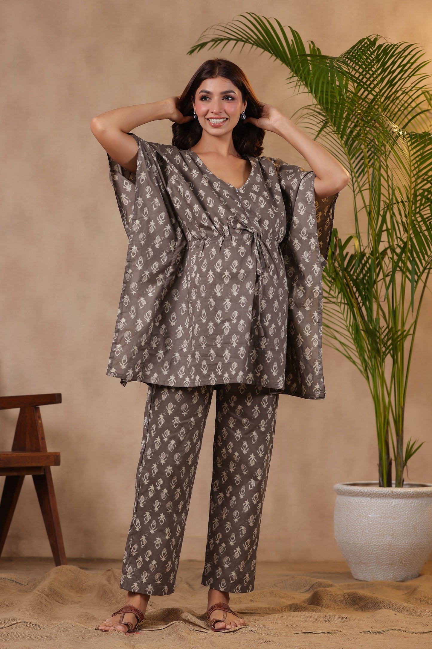 Grey Batik Maternity & Nursing Kaftan Set