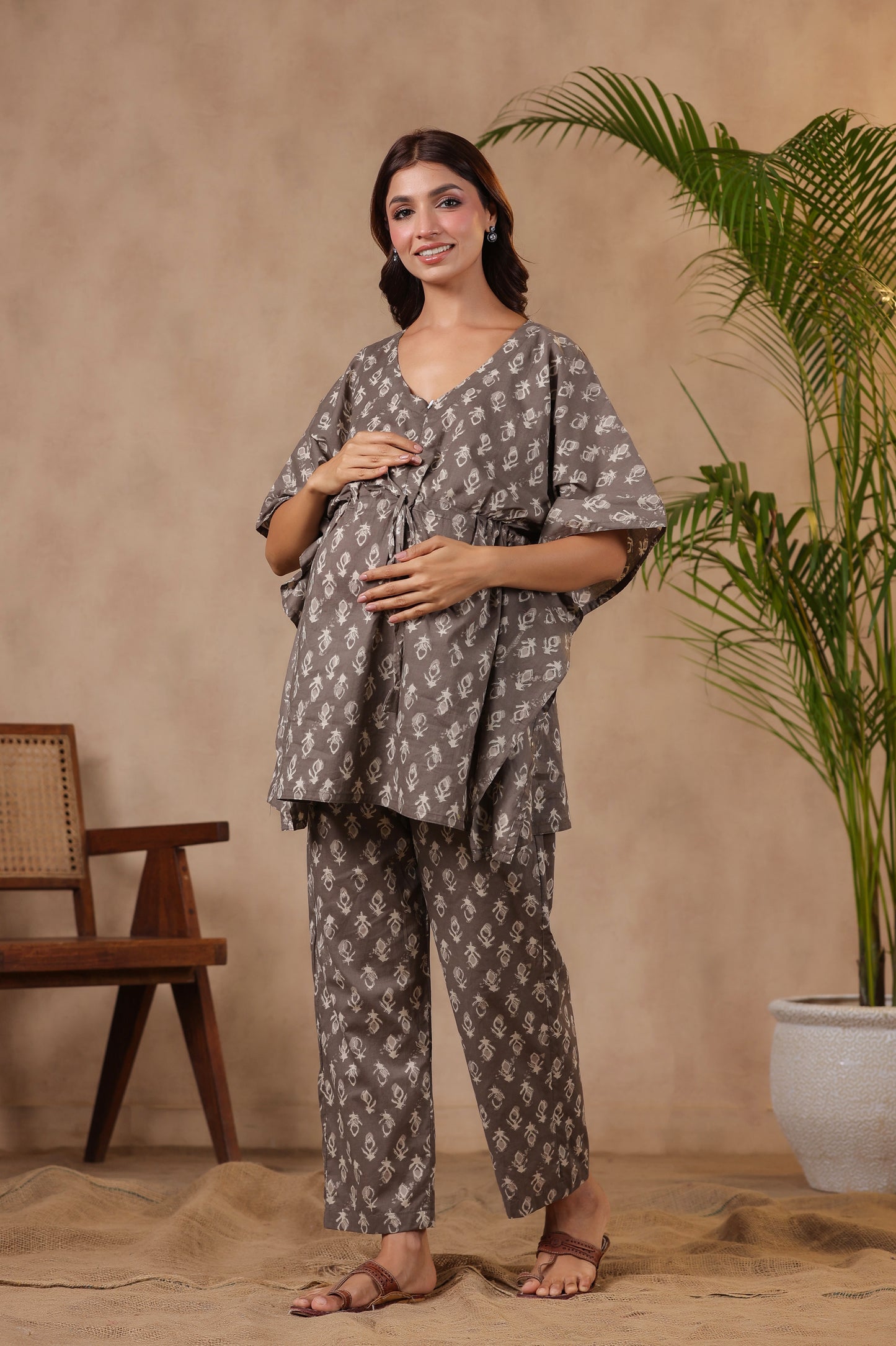 Grey Batik Maternity & Nursing Kaftan Set