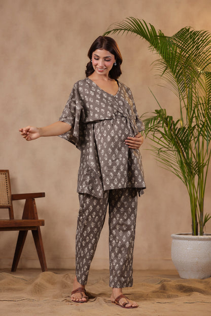 Grey Batik Maternity & Nursing Kaftan Set