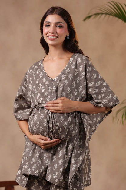 Grey Batik Maternity & Nursing Kaftan Set