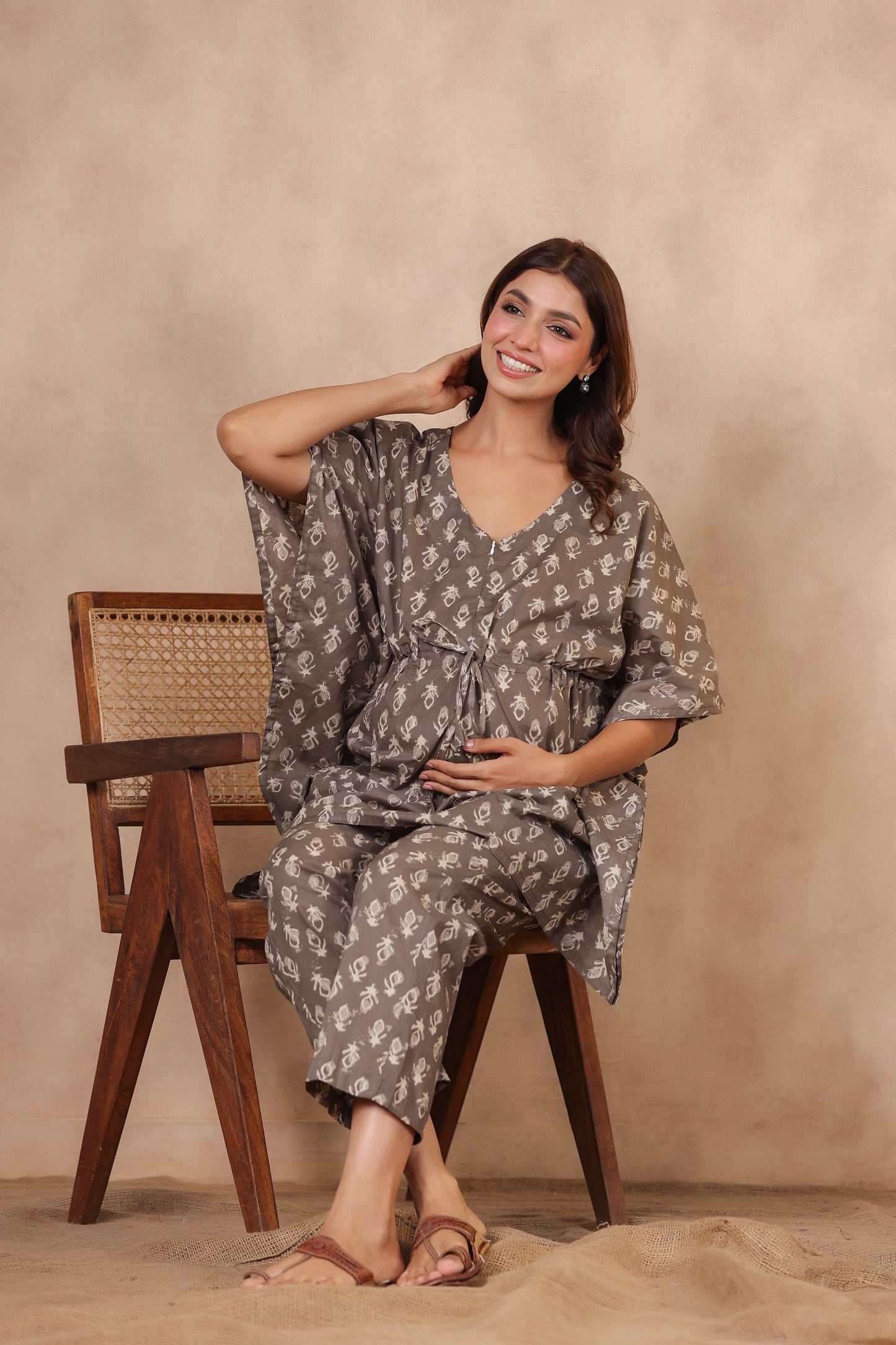 Grey Batik Maternity & Nursing Kaftan Set