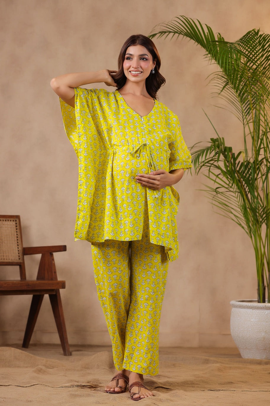 Mushrooms On Yellow Maternity & Nursing Kaftan Set