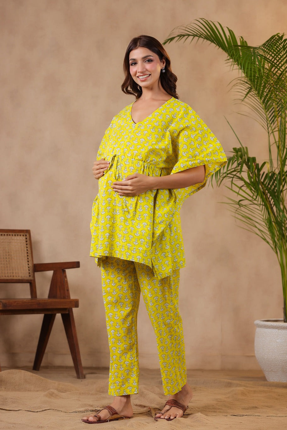 Mushrooms On Yellow Maternity & Nursing Kaftan Set