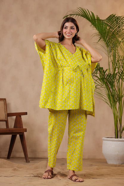 Mushrooms On Yellow Maternity & Nursing Kaftan Set