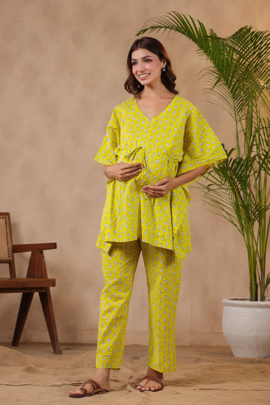 Mushrooms On Yellow Maternity & Nursing Kaftan Set