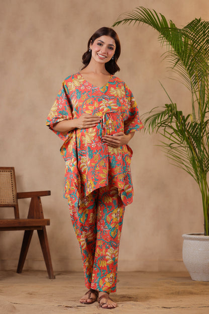 Gulmohar On Orange Maternity & Nursing Kaftan Set