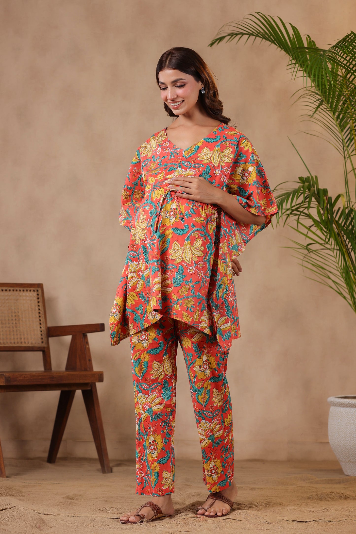 Gulmohar On Orange Maternity & Nursing Kaftan Set