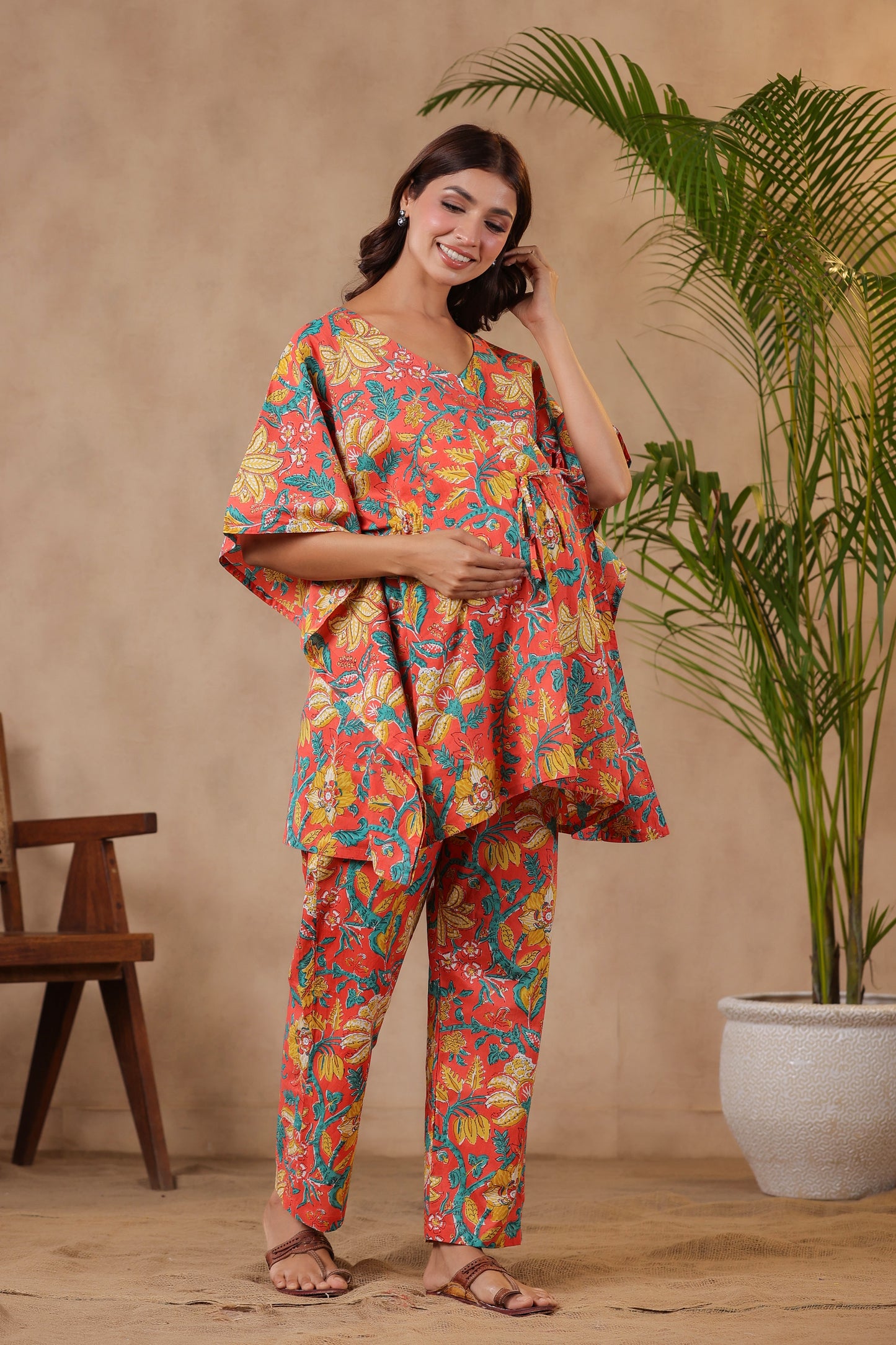 Gulmohar On Orange Maternity & Nursing Kaftan Set