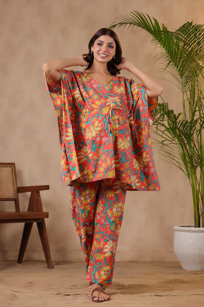 Gulmohar On Orange Maternity & Nursing Kaftan Set