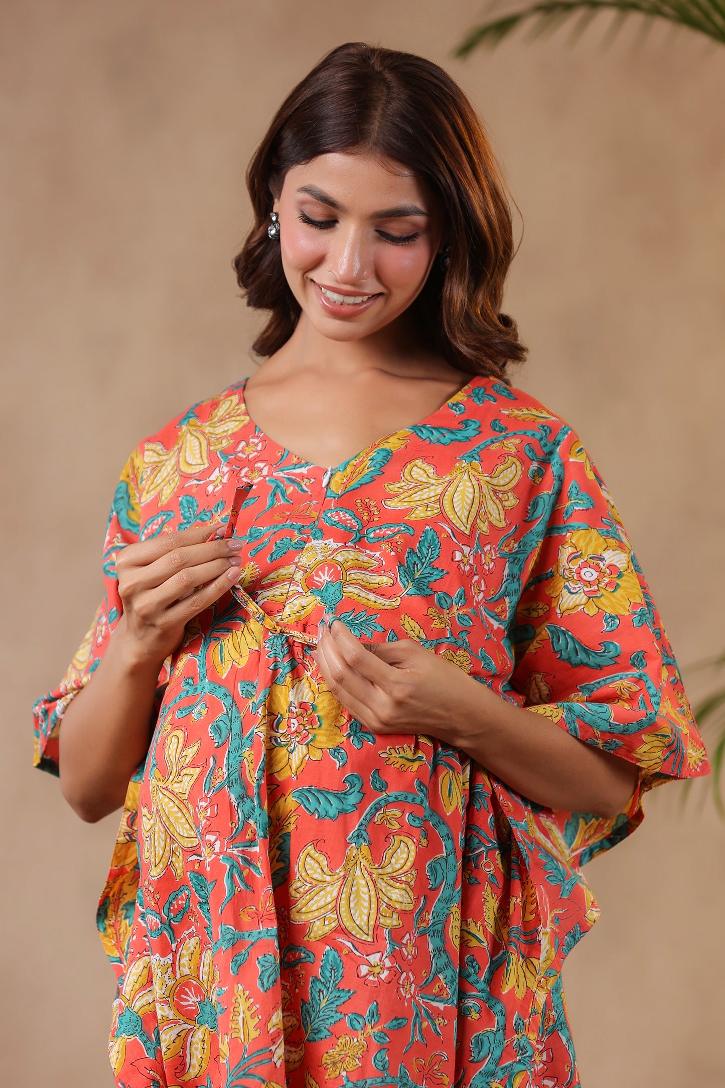 Gulmohar On Orange Maternity & Nursing Kaftan Set