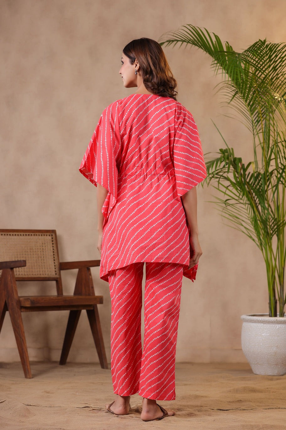 Patterned Bandhej On Pink Maternity & Nursing Kaftan Set