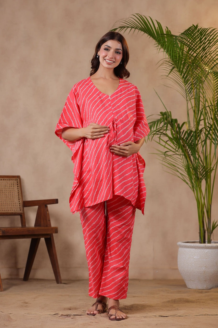 Patterned Bandhej On Pink Maternity & Nursing Kaftan Set