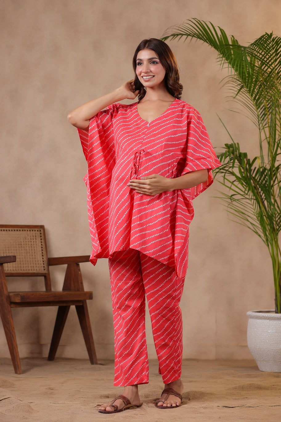 Patterned Bandhej On Pink Maternity & Nursing Kaftan Set