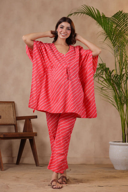 Patterned Bandhej On Pink Maternity & Nursing Kaftan Set