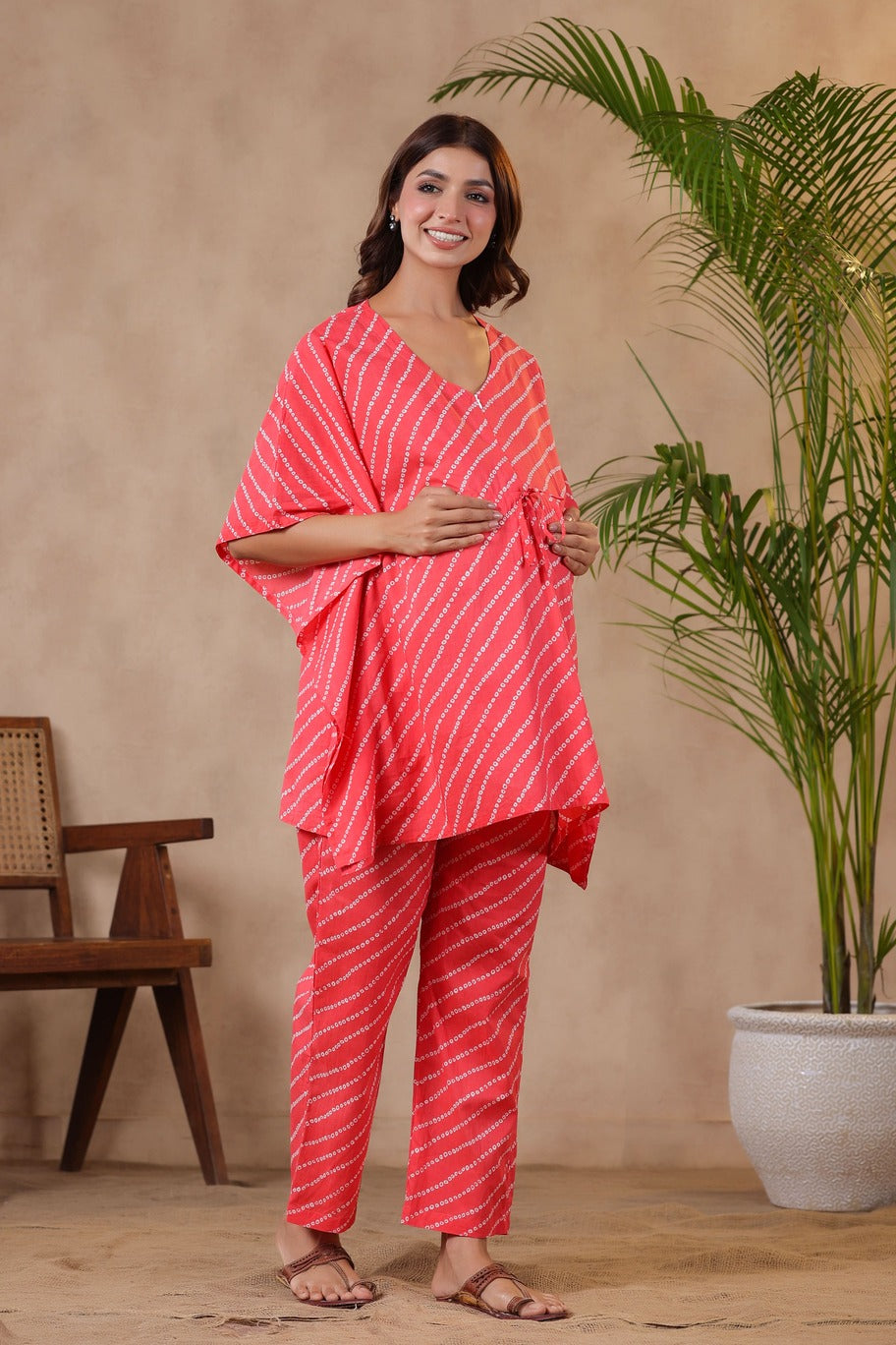 Patterned Bandhej On Pink Maternity & Nursing Kaftan Set