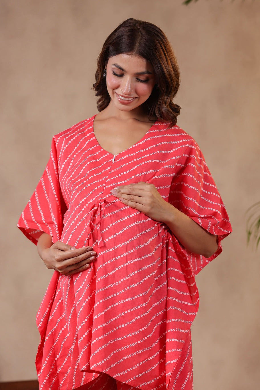 Patterned Bandhej On Pink Maternity & Nursing Kaftan Set