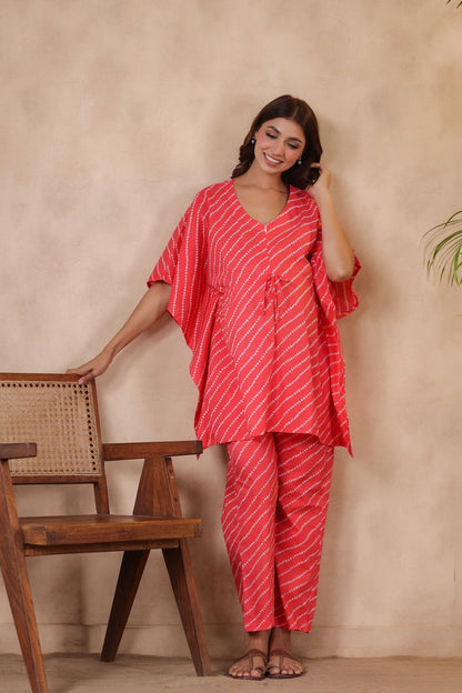 Patterned Bandhej On Pink Maternity & Nursing Kaftan Set