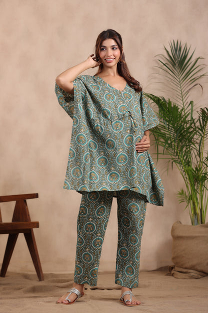 Lush Green Maternity & Nursing Kaftan Set